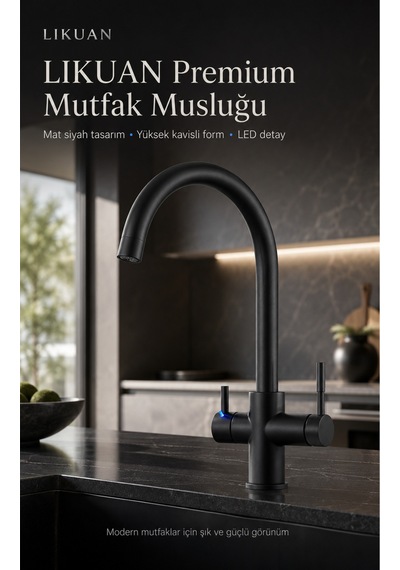 3 Yollu Mutfak Bataryası Sıcak Soğuk Ve Filtreli Su Bir Arada Led Göstergeli Tri-flow Kuğu Boynu Musluk Nkdp3212cp Siyah