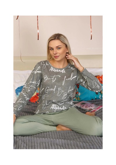 İkikareshop Kadın Uzun Kol Penye Pijama Takım Füme Çok Renkli
