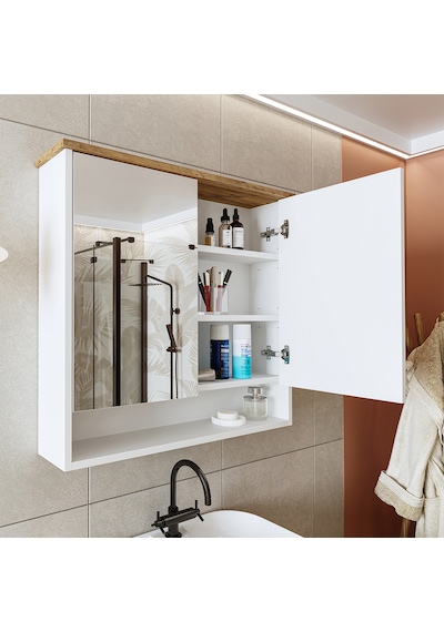 Banos Banyo Kulpsuz 2 Kapaklı Mat Beyaz Mdf 82Cm Aynalı Üst Dlp Atlantik Çam - Beyaz