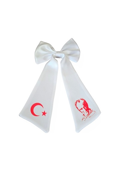Ay Yıldız Atatürk Baskılı Fiyonklu Beyaz Saç Tokası Beyaz