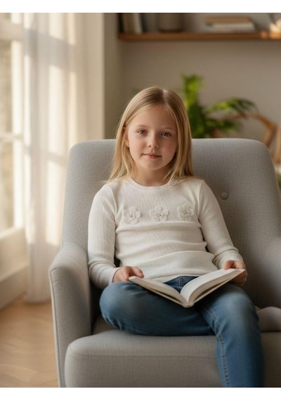 Zekids Kız Çocuk Çiçek Desenli Fitilli Uzun Kollu T-shirt-16385 Ekru