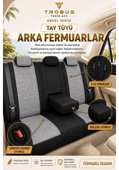 Seat Leon 2005 Ve Sonrası Uyumlu Angel Serisi Tay Tüyü Koltuk Kılıfı Gri Siyah