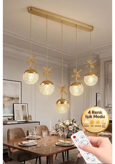 LumiaLighting Küre Model 5"li Gold Kumandalı 3 Renk Modu Yemek Masası Oturma Çocuk Yatak Odası Modern Ledli Avize Altın