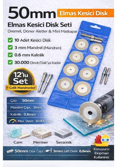 Senbang 50 Mm Elmas Kesici Disk Seti Matkap & Dremel Uyumlu Cam Seramik Mermer Metal Kesme 10 Lu Set