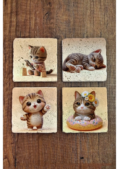 Doğal Taş Bardak Altlığı 4'lü Set 10x10x1 Cm Sevimli Kedi Desenleri -stone Coasters Çok Renkli