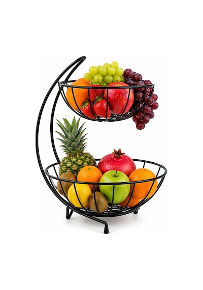 2 Katlı Metal Meyve Sepeti Siyah Geniş Hacimli Meyvelik Sebzelik Sunum Standı Modern Tezgah Üstü Organizer 25/28 Cm Çap 23 Cm Yükseklik Diğer