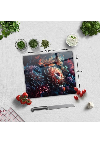 Cam Kesme Tablası - Cam Kesme Tahtası Dark Flowers 29cm X 34c