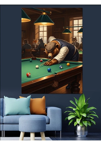 Bilardo Masasında Düşünen Ayı Figürü Dekoratif Kanvas - Mdf Ahşap Tablo