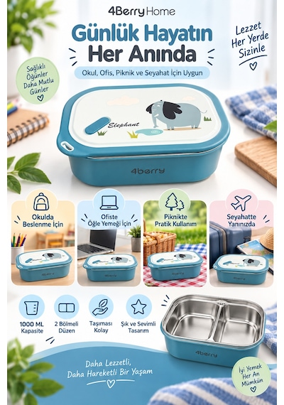 2 Bölmeli Yemek Termosu - Mavi Fil Desenli Beslenme Kabı - 1000 Ml, Sızdırmaz, Kaşıklı, Paslanmaz Çelik