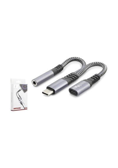 Gj-018 Type-c- M To 3.5mm F + Type-c F Kablo 100w Siyah Örgülü 1 Adet