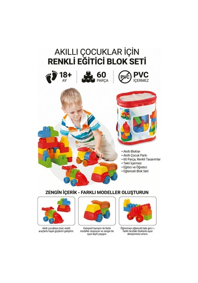 60 Parça Eğitici Bloklar Bebek Zeka Ve Motor Beceri Geliştirici Set Pvc İçermez
