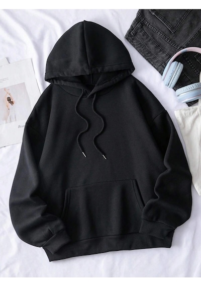 Startmore . Essnce Butterfly Print Kangaroo Pocket Drawstring Lined Hoodie Siyah Siyah