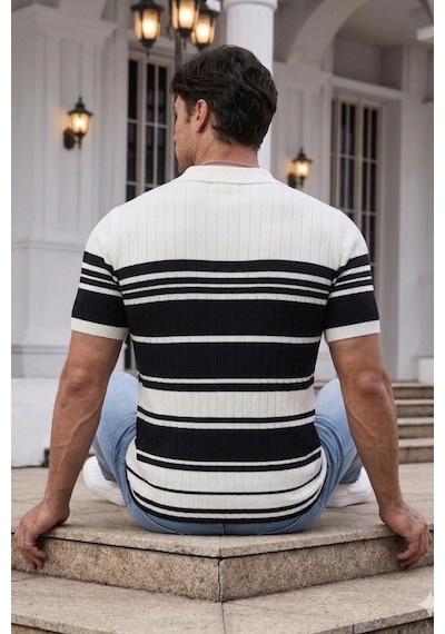 Cool Tarz Erkek Çizgili Triko Polo Yaka Slim Fit T-shirt Beyaz Beyaz