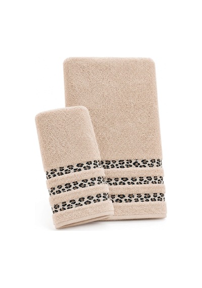 2 Parça Banyo Havlu Seti %100 Pamuk Leopar Deluxe 70x140 Cm + 50x90 Cm Bej