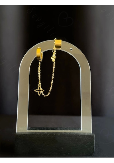 Sevgili Takı Lotus Detaylı Tragus / Kıkırdak Bağlantılı Gold Çelik Küpe Şans Serisi Bir Adet Gold