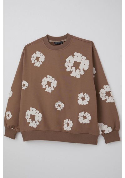 Locoloco Kız Çocuk Sweatshirt Çiçek Baskılı 9-14 Yaş, Kahverengi Kahverengi