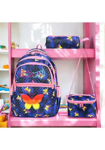 Kız İlkokul Ortopedik 3'lü Set Kalemlik Beslenme Çanta Model 11