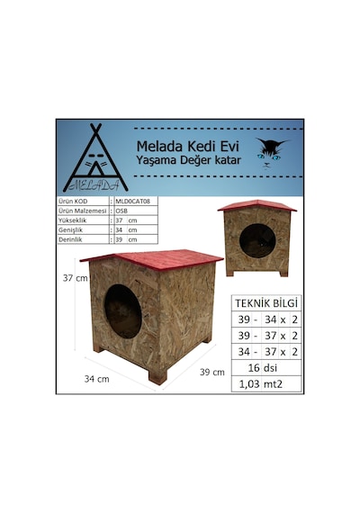 Melada Kedi Evi Dış Ortam Uygun Ahşap Kedi Evi Osb 39x37x34 Cm