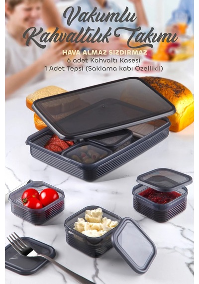 Kitchen Life 7 Parça Vakum Kapaklı Sızdırmaz Hava Almaz Kahvaltılık Seti Antrasit - Beyaz Antrasit - Gri