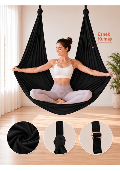 Yoga Hamağı Fly Salıncağı Yükseklik Ayarlanabilir Antigravity Esnek Askılı Denge Spor Aleti Pilates Fitness Denge Esneme Gerdirme Gelişim Siyah