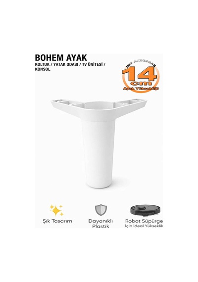 İmt Aksesuar Bohem 14 Cm Beyaz Mobilya Ayağı Robot Süpürgeye Uyumlu Koltuk Dolap Tv Ünitesi Konsol Ayağı Beyaz