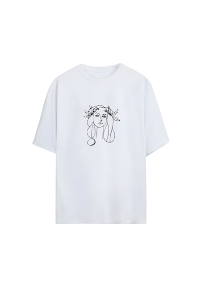 Noıssey Line Art Tasarımlı Unisex Oversize T-shirt Beyaz