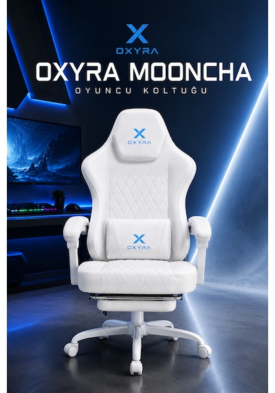 Oxyra Mooncha Oyuncu Koltuğu Premium Komple Beyaz Terletmez Deri Ayak Destekli