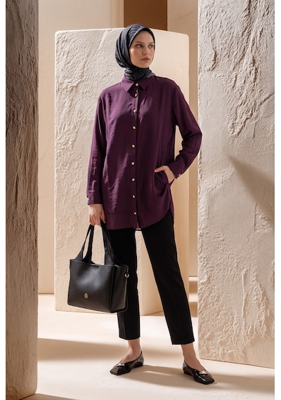 Armine Trend Gold Düğme Detaylı Klasik Yaka Uzun Tunik Rahat Kesim Şık Tesettür Tunik Modeli 89 Cm Boy Bordo 26yt471