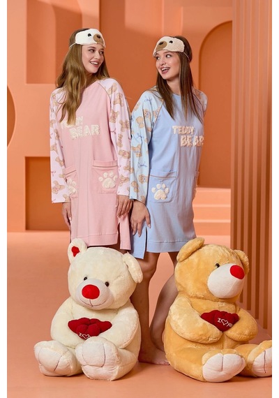 Ang Butik Kadın Aqua 25024 Uzun Kol Baskı Detaylı Gecelik Pembe