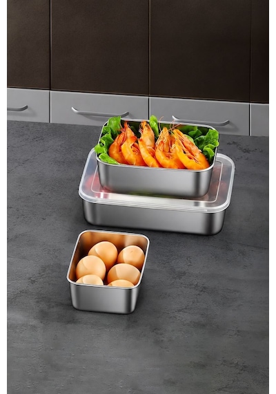 3 Adet Set 304 Çelik Yemek Meyve Et Buzdolabı Beslenme Saklama Kabı Mt323 Gri
