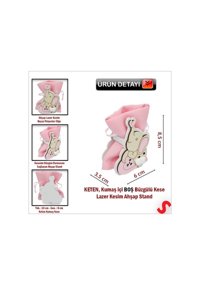 Ahşap Standlı 10cm X 8cm Kese, Fil Pembe - 1 Adet Renkli Çok Renkli