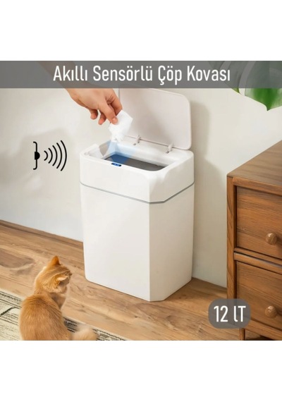 Otomatik Kapak Açan Sensörlü Lüks Çöp Kovası 12 Lt, 23,5 X 17,5 X 31,8 Cm Beyaz