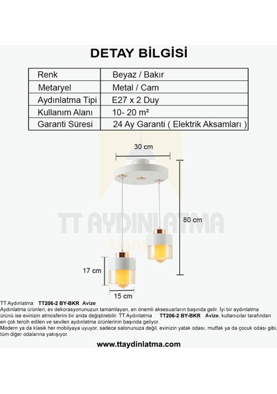 Tt206-2-By Tt Aydınlatma Beyaz - Bakır 2 Li Avize
