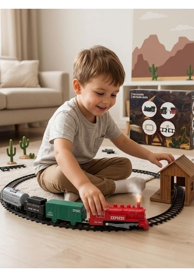12 Parça Pilli Tren Seti Işıklı Ve Duman Çıkaran Modüler Ray Sistemli Siyah Tren Kırmızı Vagon