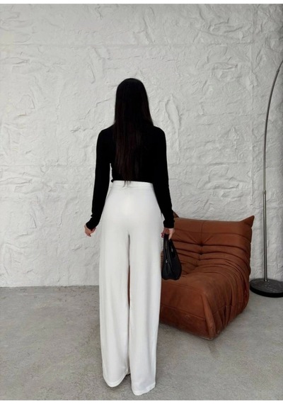 Satenmoda E&b Design Kadın Yüksek Bel Cırt Detay Palazzo Pantolon Beyaz
