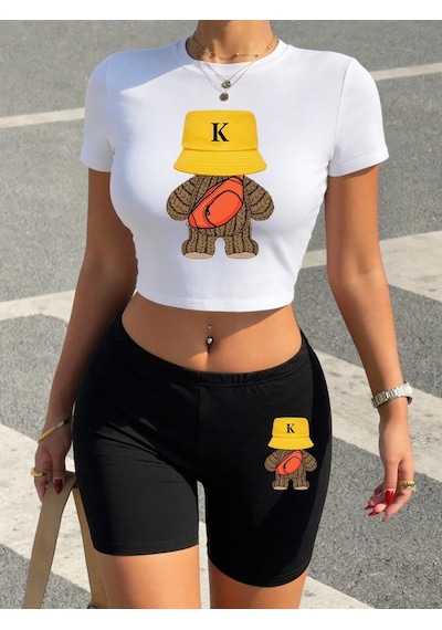 Tarzsokak Yaz Spor Yünlü Ayı Baskılar Kırpma T-shirt Şort Kadın Seksi İki Parçalı Set Üstleri Pantolon Beyaz Tarzsokak Yaz Spor Yünlü Ayı Baskılar Kırpma T-shirt Şort Kadın Seksi İki Parçalı Set Üstleri Pantolon Beyaz