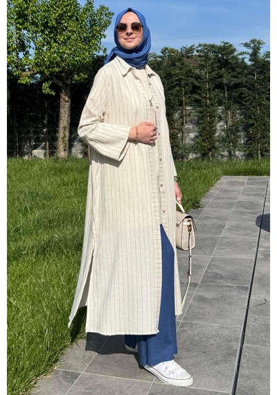 Rabia Şamlı Çizgili Natural Kap İndigo Normal