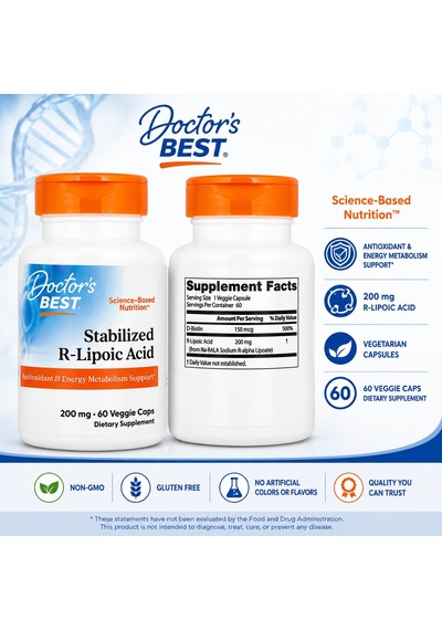 Doctor's Best Stabilized R-lipoic Acid Antioxidant & Energy Metabolism Support 200 Mg 60 Veggie Caps