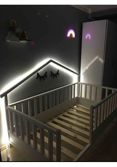 Babykinder Baby Kinder Wh. Back Roofed Doğal Ahşap Yatak Montessori Bebek Ve