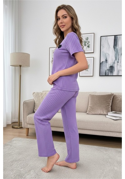 Bella Notte Lila Nakışlı Soft Kısa Kollu Yazlık Pijama Takımı Mor