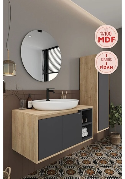Gül 90 Cm %100 Mdf Lavabolu Banyo Dolabı Ayna Alt Dolap Lavabo Boy Dolabı Antrasit