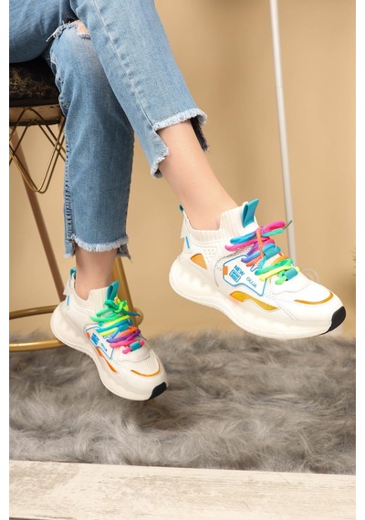 Guja Renkli Bağcıklı Triko Unisex Spor Ayakkabı Beyaz-Beyaz