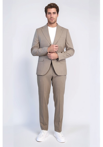 Vizon Slim Fit İki Düğmeli Keten Görünümlü Erkek Takım Elbise - Wessi Kahverengi
