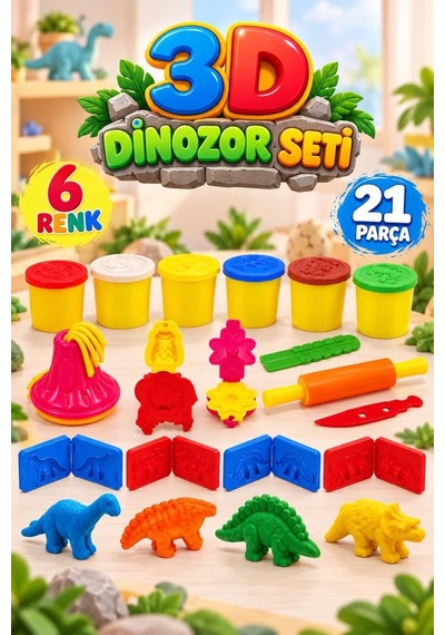 3d Dinazor Hamur 21 Parça 6 Farklı Renkli Dinazor Kalıplı Ve Aksesuarlı Oyuncak Oyun Hamuru Seti Çok Renkli