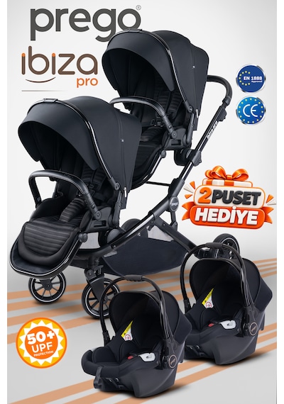 Prego İbiza Pro Çift Yönlü İkiz Bebek Arabası Uv Tenteli -yağmurluk-ayak Örtüsü- 2 Adet Puset Dahil - Tam Set Yeni Seri