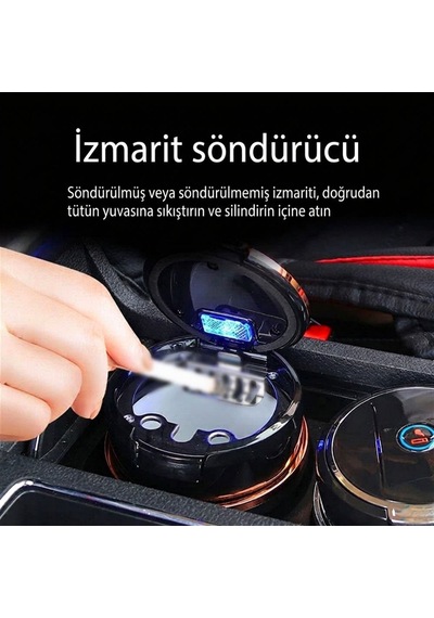 Oto Küllük Bardaklık Uyumlu Mavi Led Işıklı Koku Sızdırmaz Kapaklı Araç İçi Küllük Gold Detaylı Universal