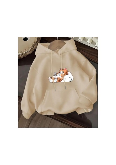 Herkesemoda Sevimli Kedi Baskı Detaylı İçi Polarlı Kapüşonlu Sweatshirt Bej