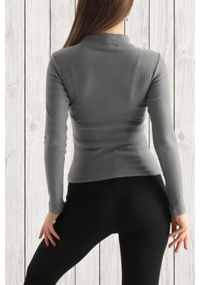 Aslındalook Kadın Fitilli Triko Esnek Uzun Kol Body Bluz Bady Füme
