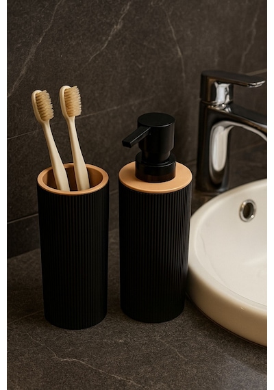 Arvale Quardi Banyo Seti Modern Çizgili - 7 Litre Kova 4 Parça Banyo Çöp Kovası Seti Gri