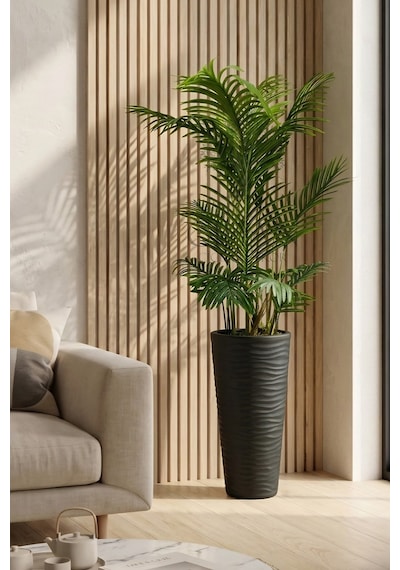 Cihan Çiçekçilik Areka 150 Cm 12 Yaprak Yapay Ağaç 56x30x20 Antrasit Kumsal Saksı Beyaz- Yeşil
